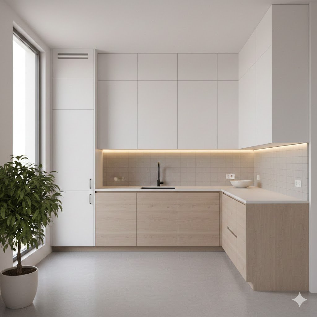 Tampilan kitchen set minimalis dengan kabinet full-height kombinasi putih dan kayu terang yang terlihat rapi, modern, dan efisien untuk dapur kompak