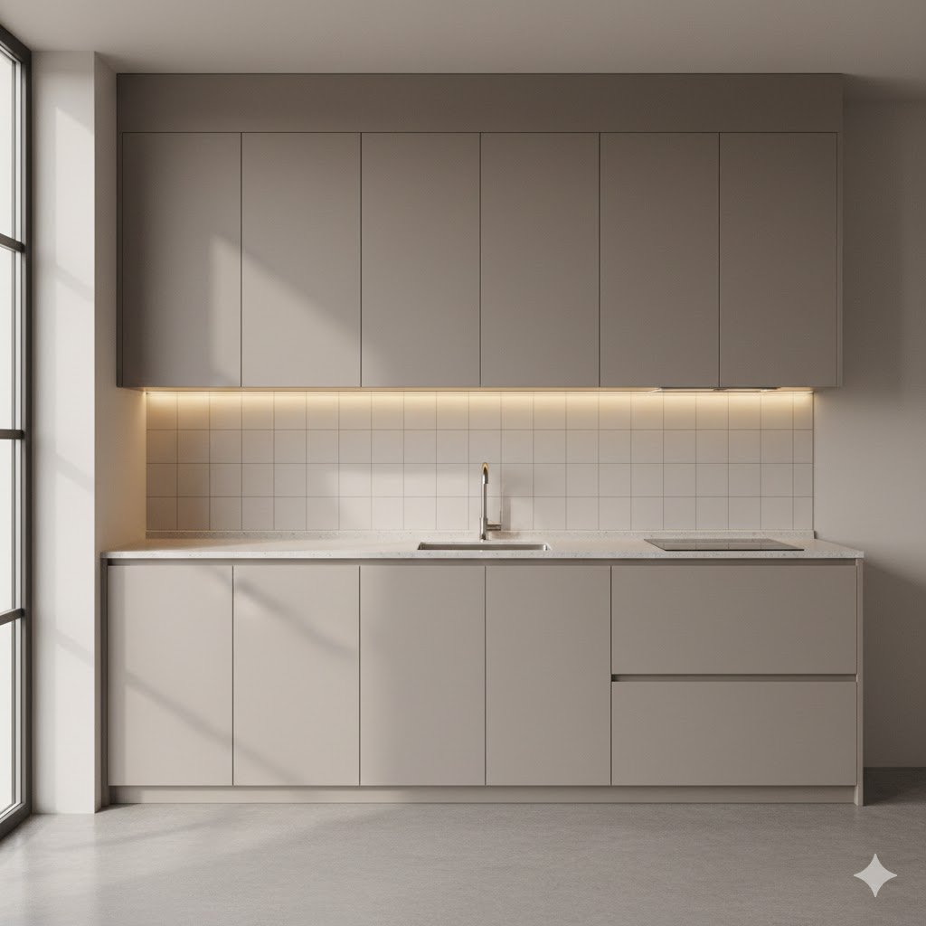 Tampilan kitchen set minimalis dengan proporsi ukuran standar yang ergonomis dan rapi untuk dapur modern