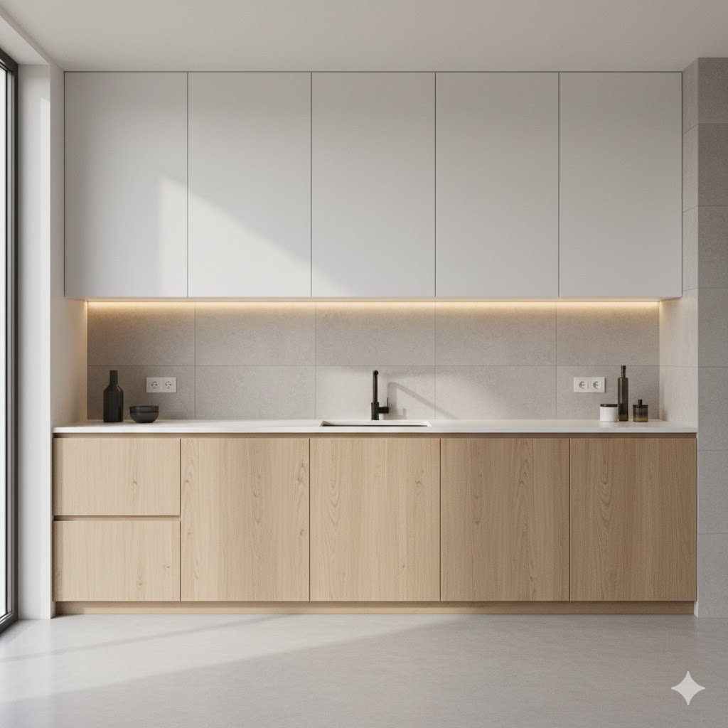 Tampilan kitchen set minimalis terbaru dengan kombinasi wood tone dan putih yang terlihat modern, bersih, dan elegan dalam ruang dapur yang proporsional
