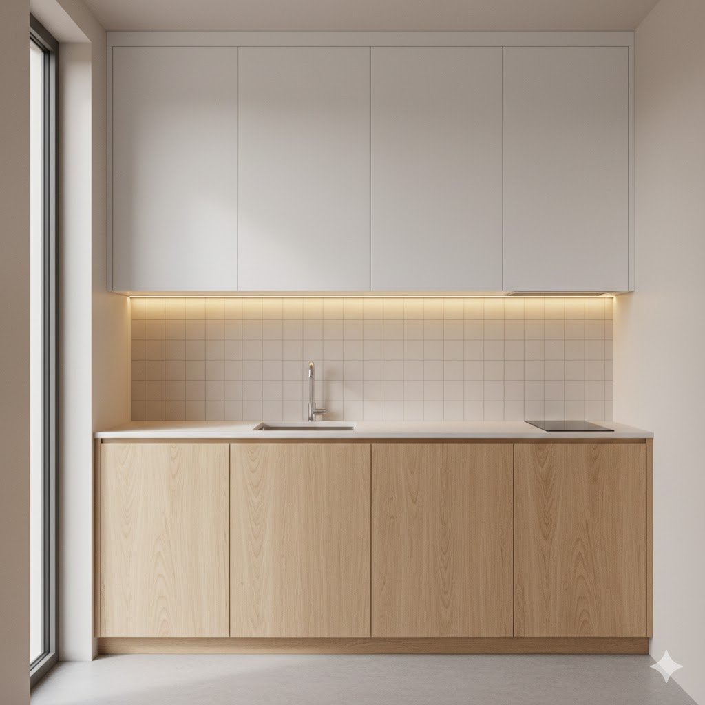 Tampilan kitchen set minimalis untuk dapur kecil dengan layout single line dan kombinasi warna kayu terang serta putih yang membuat ruang terasa lebih luas dan rapi