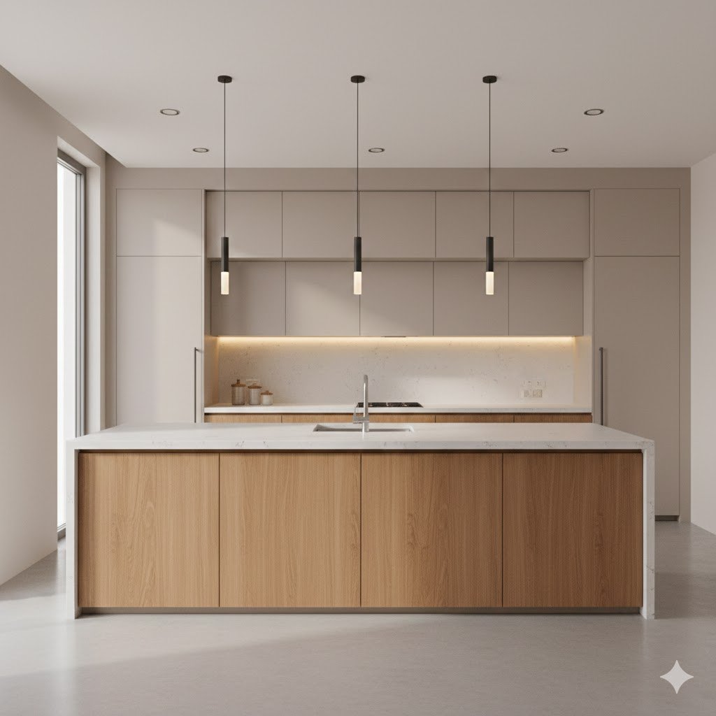 Tampilan kitchen set modern dengan kabinet rata tanpa handle, island kuarsa luas, dan pencahayaan hangat yang menciptakan suasana dapur elegan dan fungsional