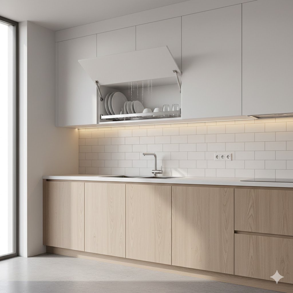 Tampilan kitchen set modern dengan rak piring terintegrasi yang rapi dan fungsional dalam kabinet minimalis berwarna putih dan aksen kayu terang