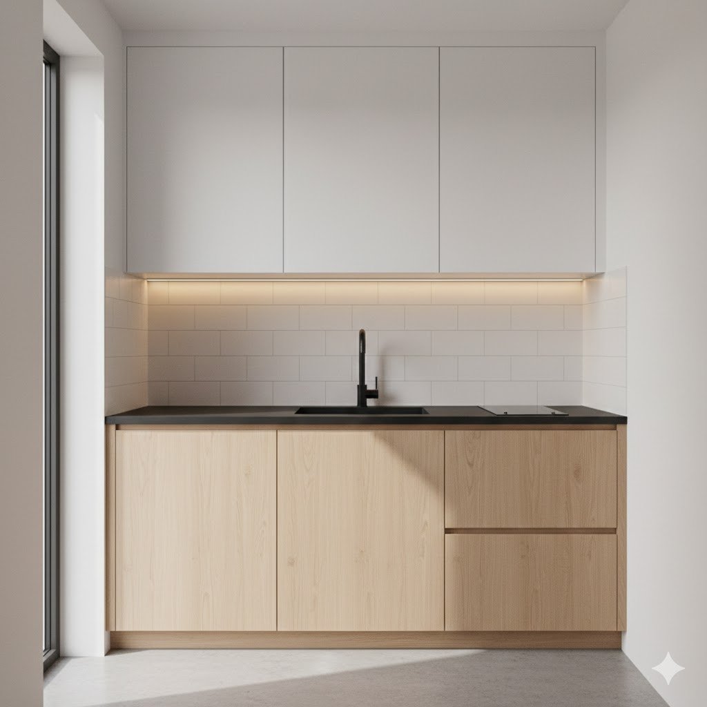 Tampilan kitchen set modern untuk dapur kecil dengan desain linear rapi, kombinasi putih dan kayu terang yang memberi kesan bersih dan lega
