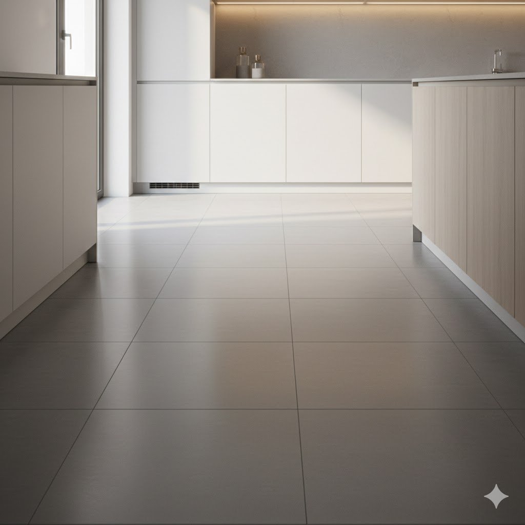 Tampilan lantai dapur minimalis dengan keramik matte abu berukuran besar yang menyatu rapi dengan kabinet putih dan pencahayaan hangat modern