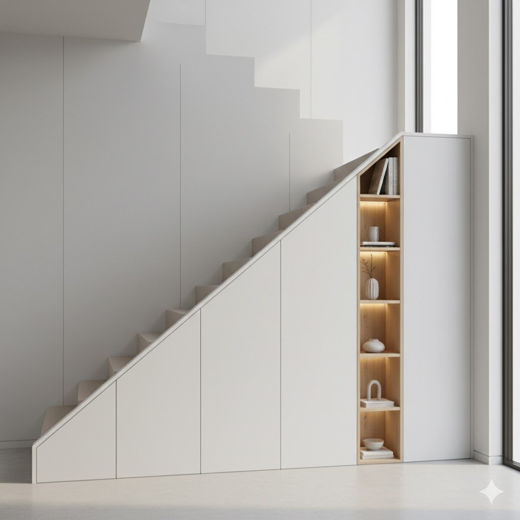 Tampilan lemari bawah tangga custom dengan kombinasi panel tersembunyi dan rak display yang menyatu rapi dengan desain interior rumah modern