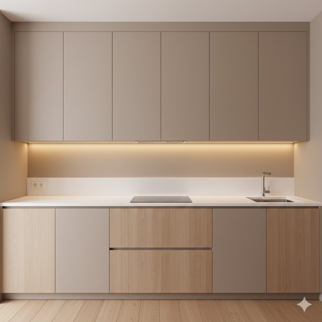 Tampilan lemari dapur minimalis dengan panel rata, warna netral hangat, dan pencahayaan lembut yang menonjolkan kesan rapi serta fungsional