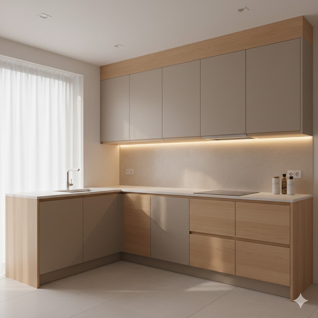 Tampilan lemari dapur modern dengan komposisi L-shape yang rapi dan pencahayaan hangat menciptakan suasana dapur yang bersih dan fungsional