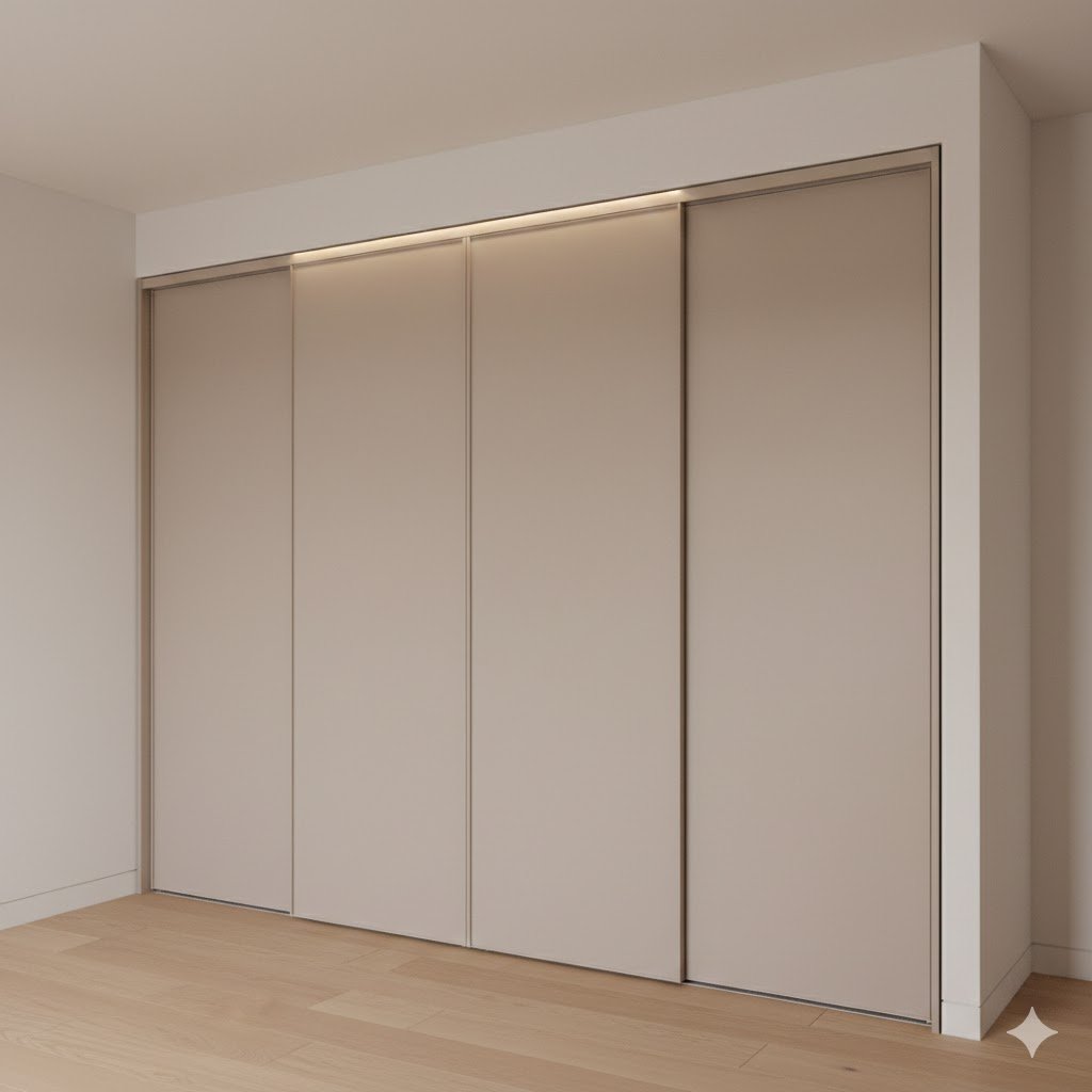 Tampilan lemari pakaian 4 pintu geser full tinggi dengan panel matte elegan dan pencahayaan hangat yang menyatu harmonis dalam kamar modern