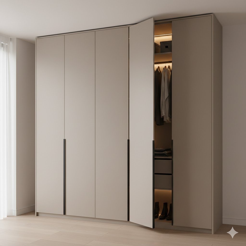 Tampilan lemari pakaian aluminium built-in dengan finishing matte modern yang menyatu rapi dari lantai hingga plafon dalam kamar minimalis yang terang dan bersih