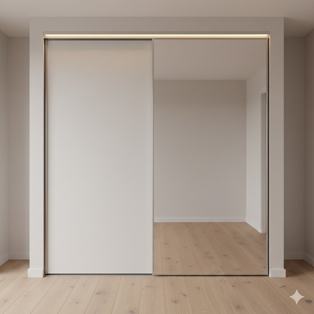 Tampilan lemari pakaian sliding door minimalis modern dengan kombinasi panel matte dan cermin yang menyatu rapi dengan dinding kamar