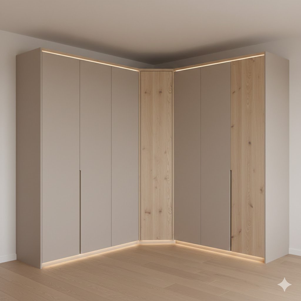 Tampilan lemari pakaian sudut model L dengan finishing wood tone dan warna netral yang menyatu rapi dengan interior kamar modern minimalis