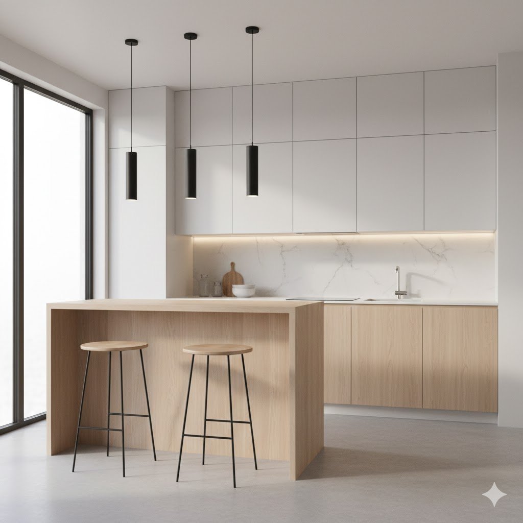 Tampilan meja bar dapur minimalis dengan perpaduan kabinet putih dan top kayu terang yang menyatu elegan dalam konsep dapur modern yang rapi dan hangat