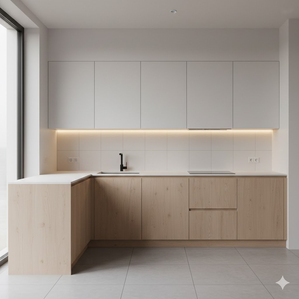 Tampilan meja dapur minimalis berbentuk L dengan top solid surface putih dan kabinet kayu terang yang bersih serta modern