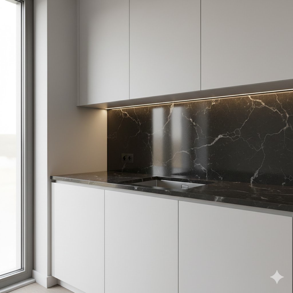 Tampilan meja dapur minimalis dengan top granit hitam mengilap dan kabinet putih bersih yang menciptakan kesan modern dan rapi