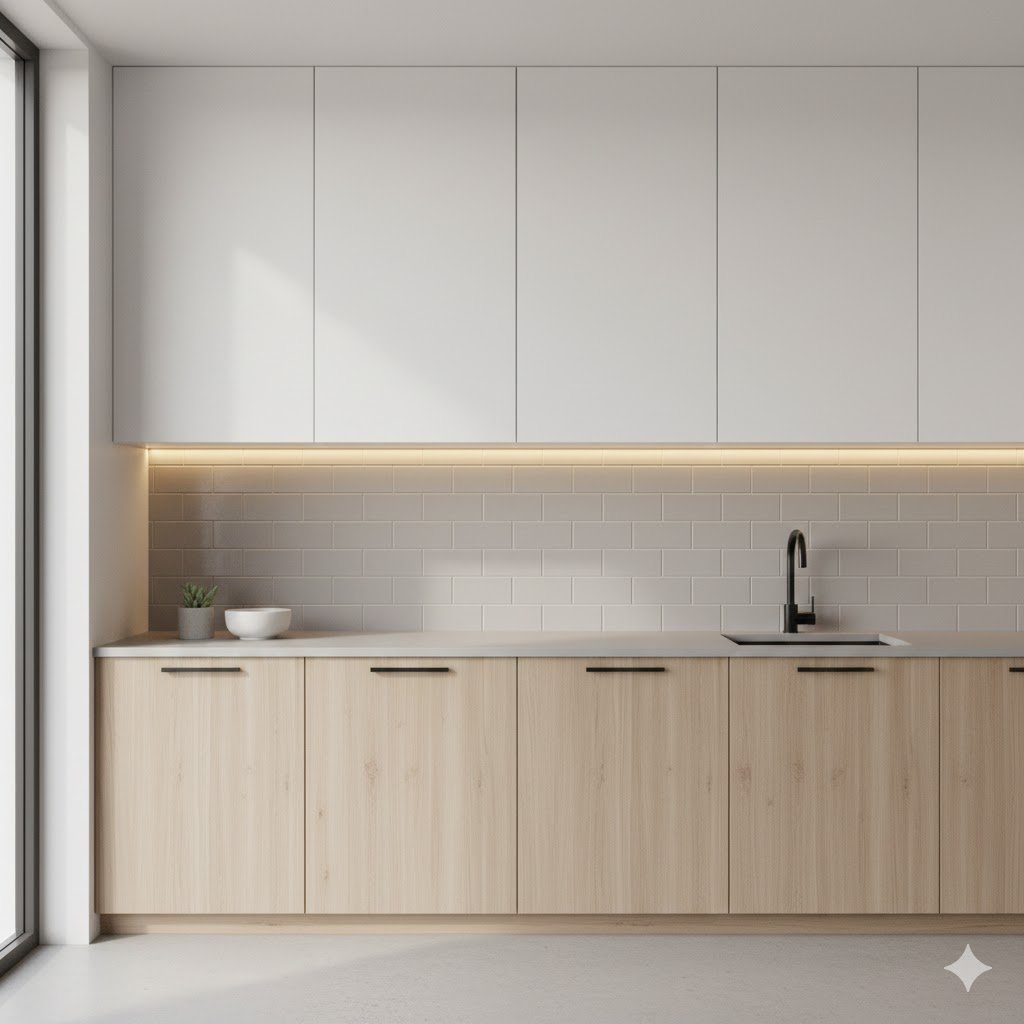 Tampilan meja dapur minimalis ukuran 150 cm dengan kabinet putih dan aksen kayu terang yang terlihat rapi, fungsional, dan proporsional untuk dapur rumah modern