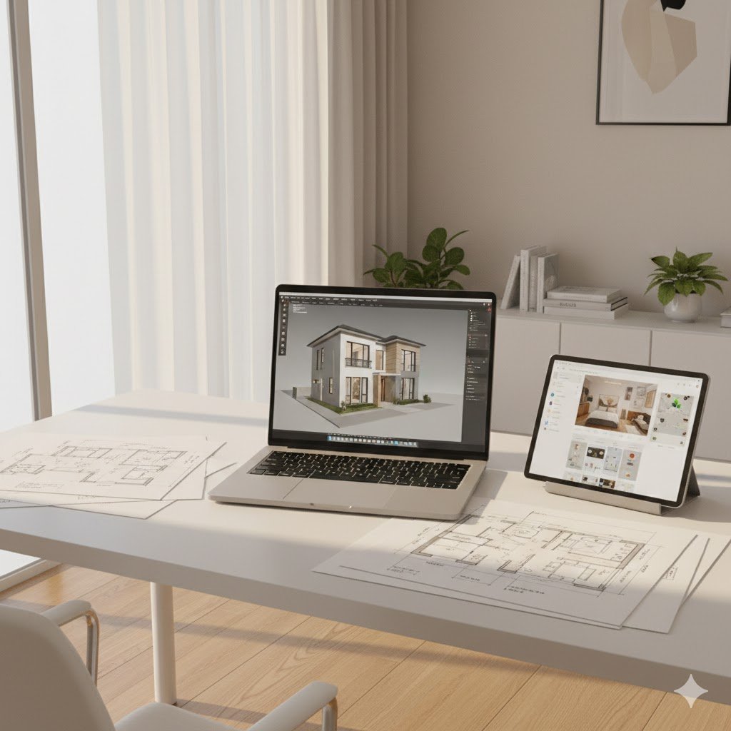 Tampilan meja kerja modern dengan laptop dan tablet menampilkan aplikasi desain rumah serta sketsa denah sebagai ilustrasi proses perencanaan digital rumah