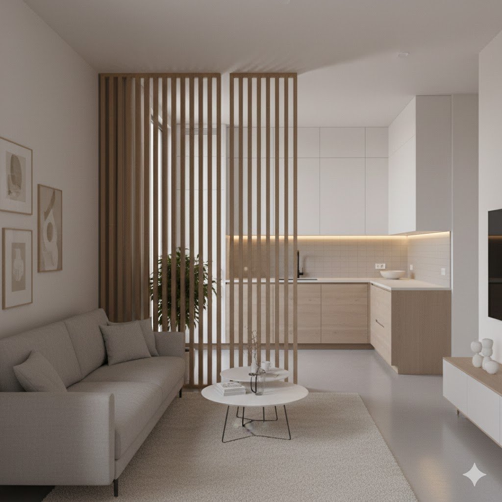 Tampilan ruang tamu dan dapur modern yang dipisahkan partisi kayu vertikal dengan nuansa hangat dan tata ruang minimalis yang tetap terasa lega