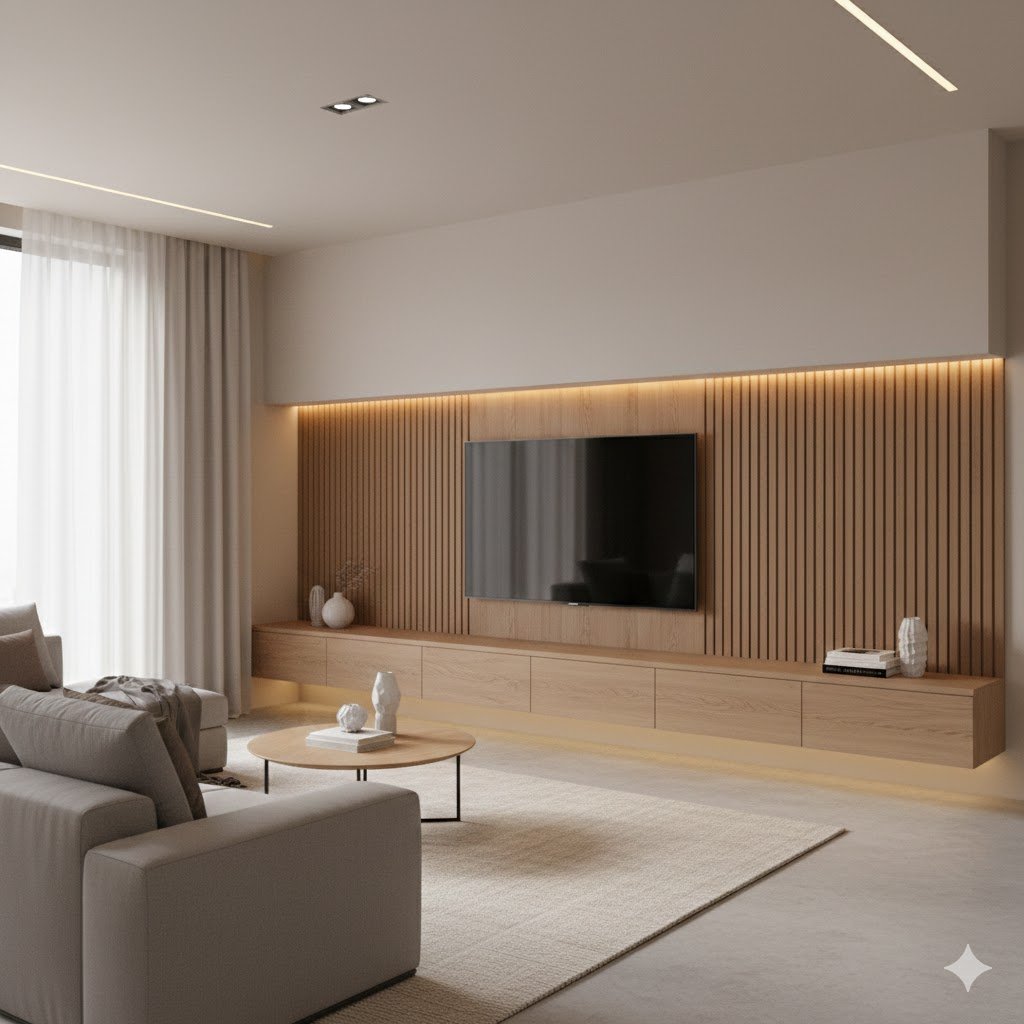 Tampilan ruang tamu modern dengan lemari TV custom built-in yang rapi dan proporsional sebagai focal point utama ruangan