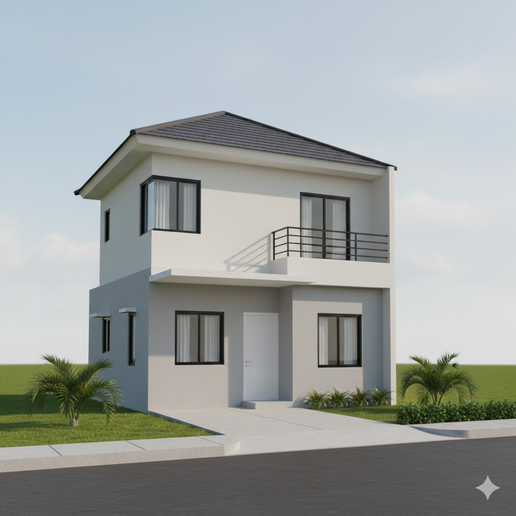 Tampilan rumah 2 lantai sederhana dengan komposisi minimalis, balkon kecil di lantai atas, dan proporsi fasad yang ringkas namun tetap fungsional serta realistis untuk konsep anggaran terbatas