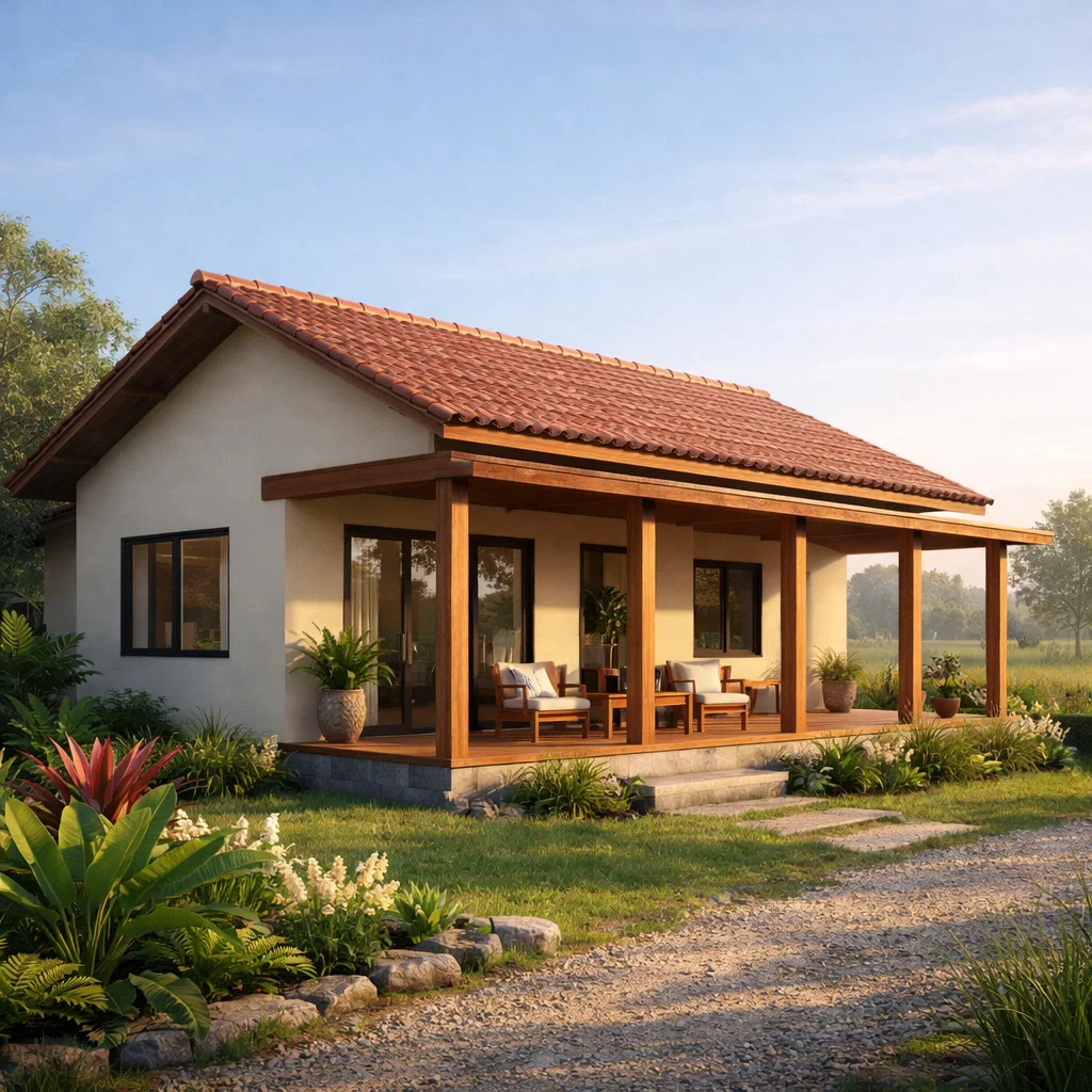 Tampilan rumah desa dengan teras lebar dan atap miring yang menyatu dengan lingkungan hijau sekitar serta suasana pedesaan yang tenang