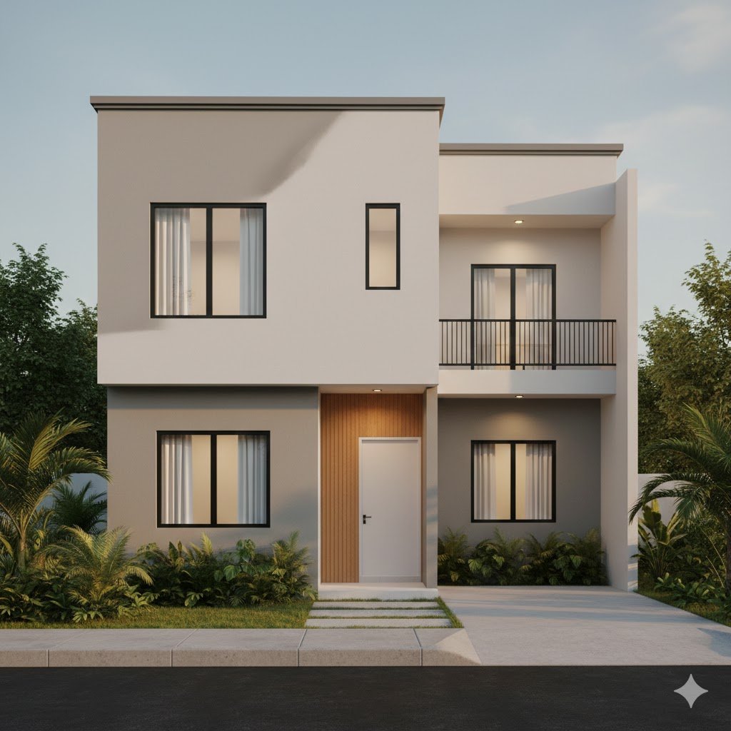 Tampilan rumah dua lantai sederhana dengan komposisi fasad bersih, proporsi seimbang, dan nuansa modern yang elegan namun tetap terjangkau secara konsep.