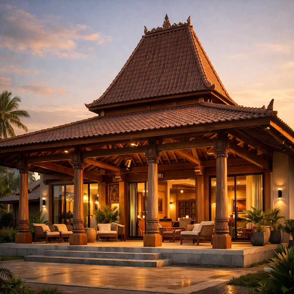 Tampilan rumah joglo modern dengan struktur atap tinggi khas Jawa dan perpaduan material kayu alami serta fasad kontemporer yang elegan
