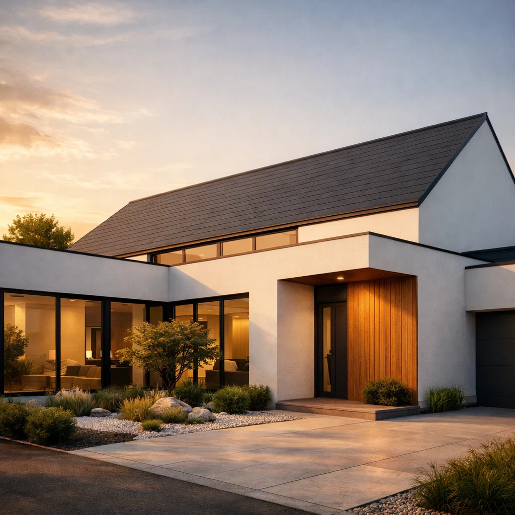 Tampilan rumah leter L minimalis dengan komposisi fasad modern dan taman sudut yang menciptakan kesan privat serta dinamis dari sudut pandang esteti