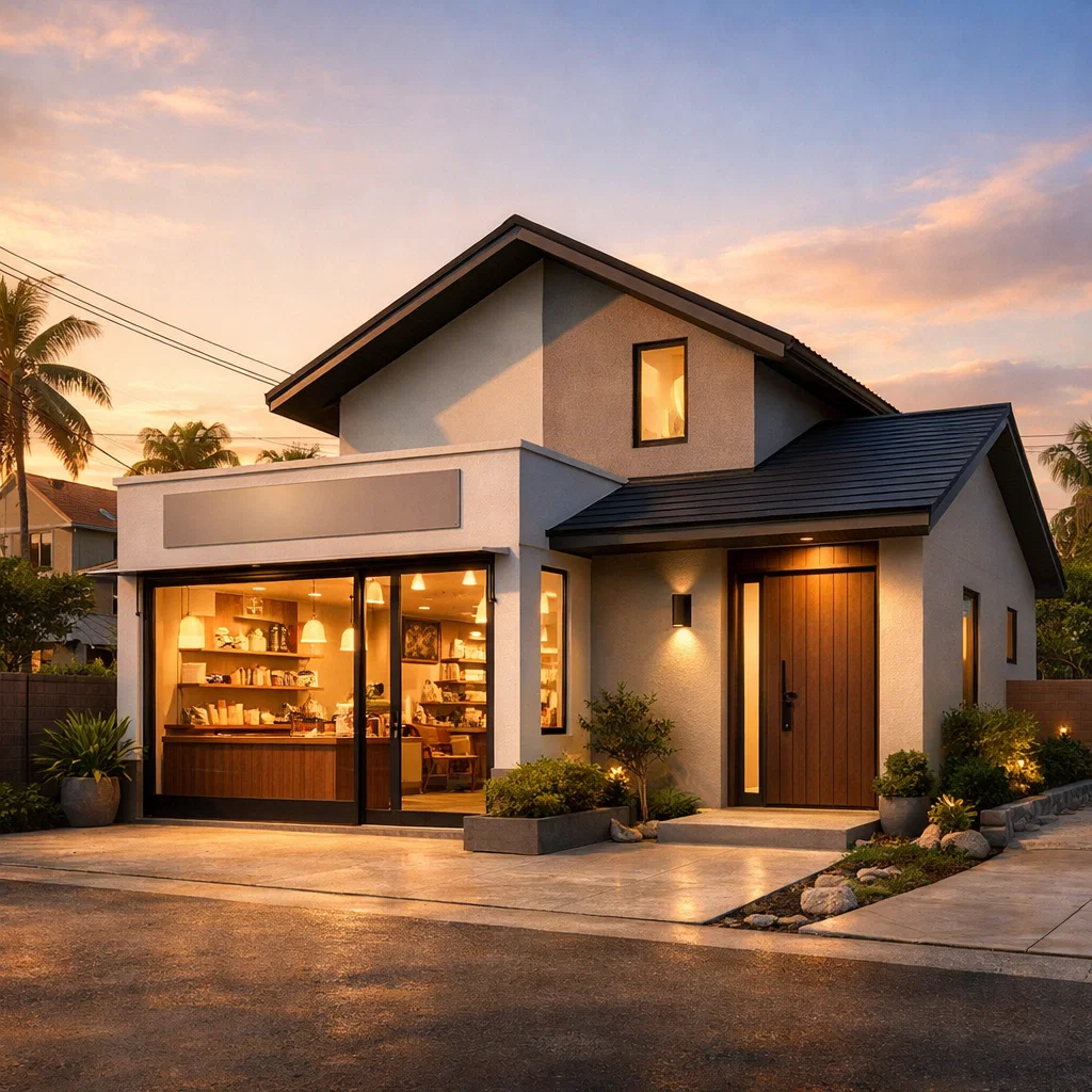 Tampilan rumah modern yang terintegrasi dengan warung di bagian depan dengan akses terpisah dan komposisi fasad yang rapi serta proporsional.