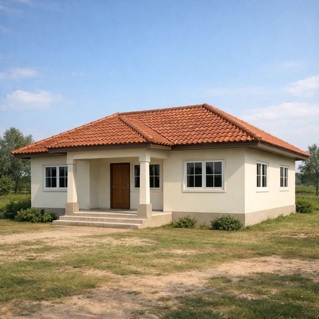 Tampilan rumah sederhana empat kamar di area kampung dengan bentuk proporsional, teras depan nyaman, dan suasana pedesaan yang hangat serta alami