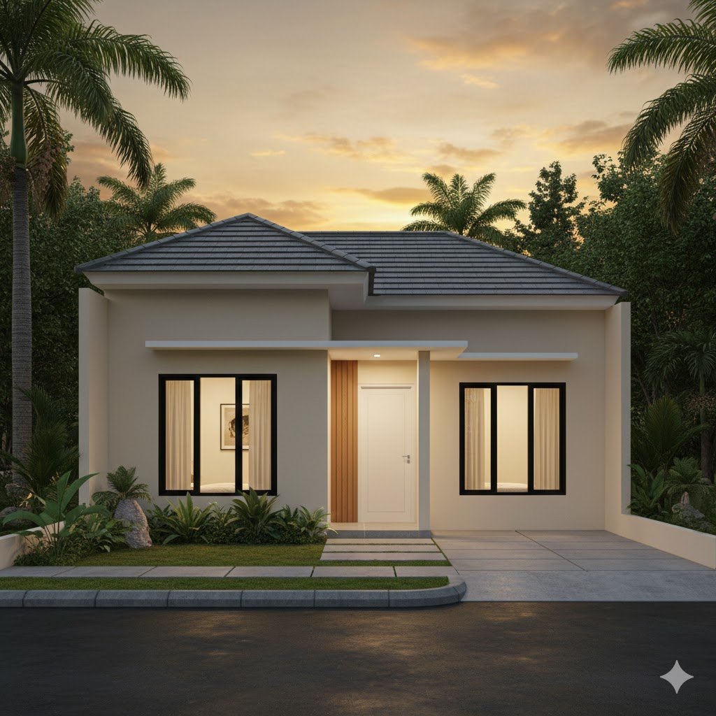 Tampilan rumah sederhana satu lantai dengan fasad minimalis yang rapi, proporsional, dan terasa hangat serta nyaman sebagai hunian keluarga.