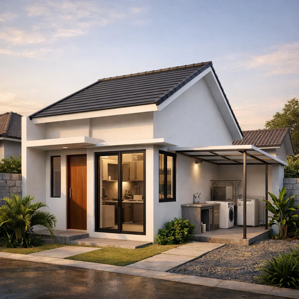 Tampilan rumah subsidi type 36 dengan area dapur belakang yang diperluas secara sederhana namun rapi dan fungsional