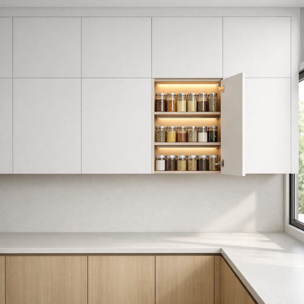 Tempat bumbu tersembunyi di kabinet atas membuat dapur terlihat super rapi dan clean, sekaligus menjaga bumbu tetap awet dan terorganisir dengan baik
