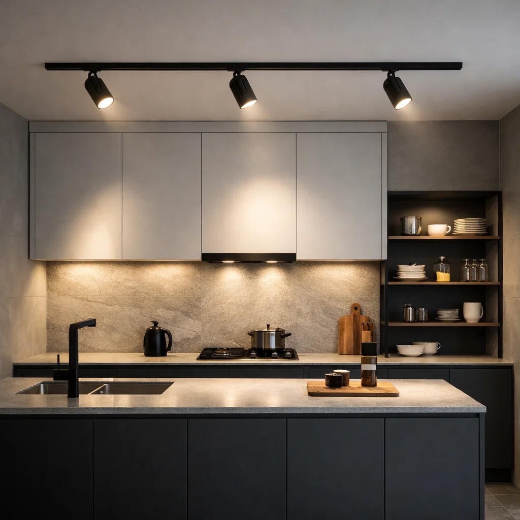 Track light minimalis memberikan fleksibilitas pencahayaan dengan arah yang bisa disesuaikan, menciptakan tampilan dapur yang modern sekaligus dramatis dan fungsional