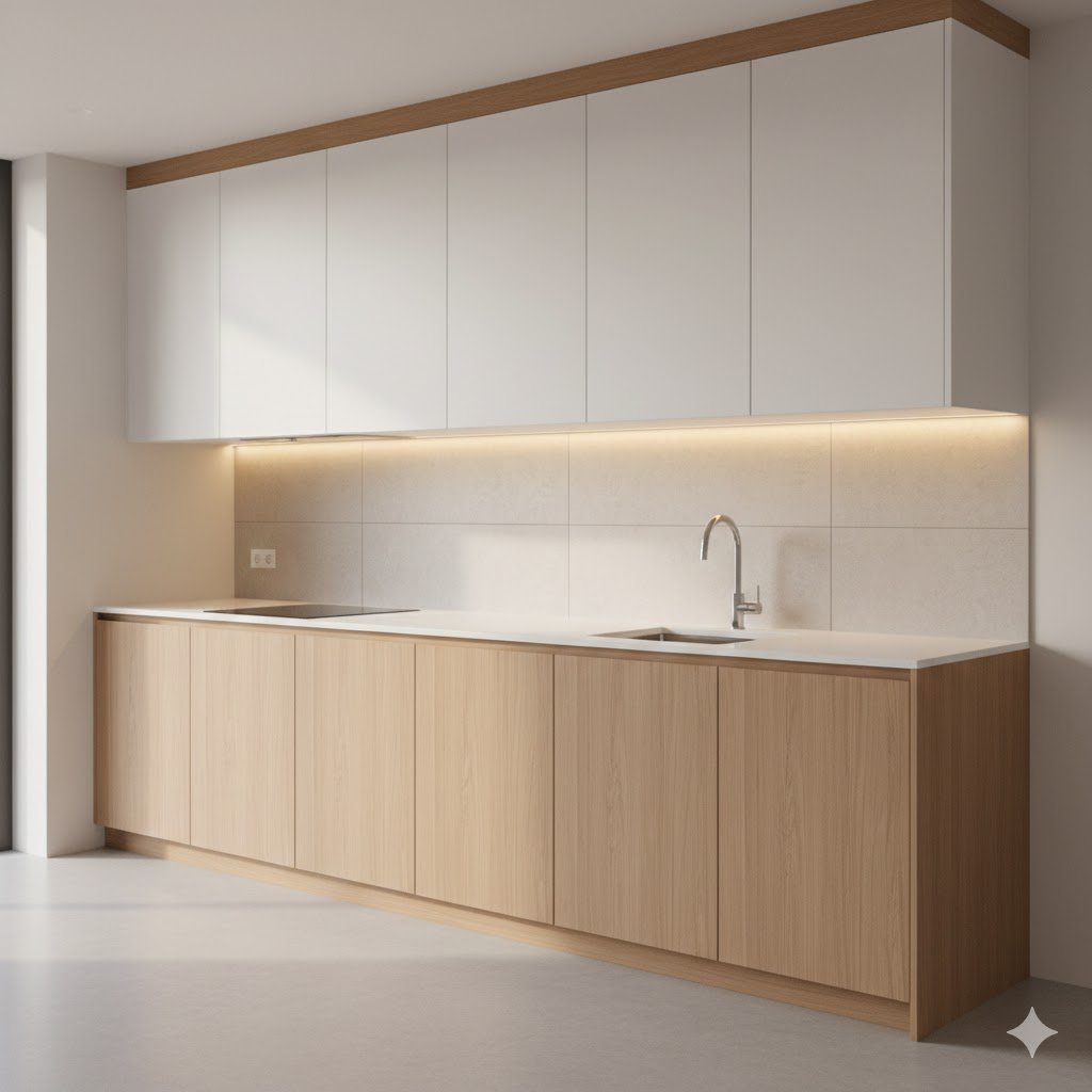 Visual kitchen set modern dengan kombinasi warna putih dan kayu natural yang memperlihatkan detail kabinet bawah dan atas secara proporsional dan rapi