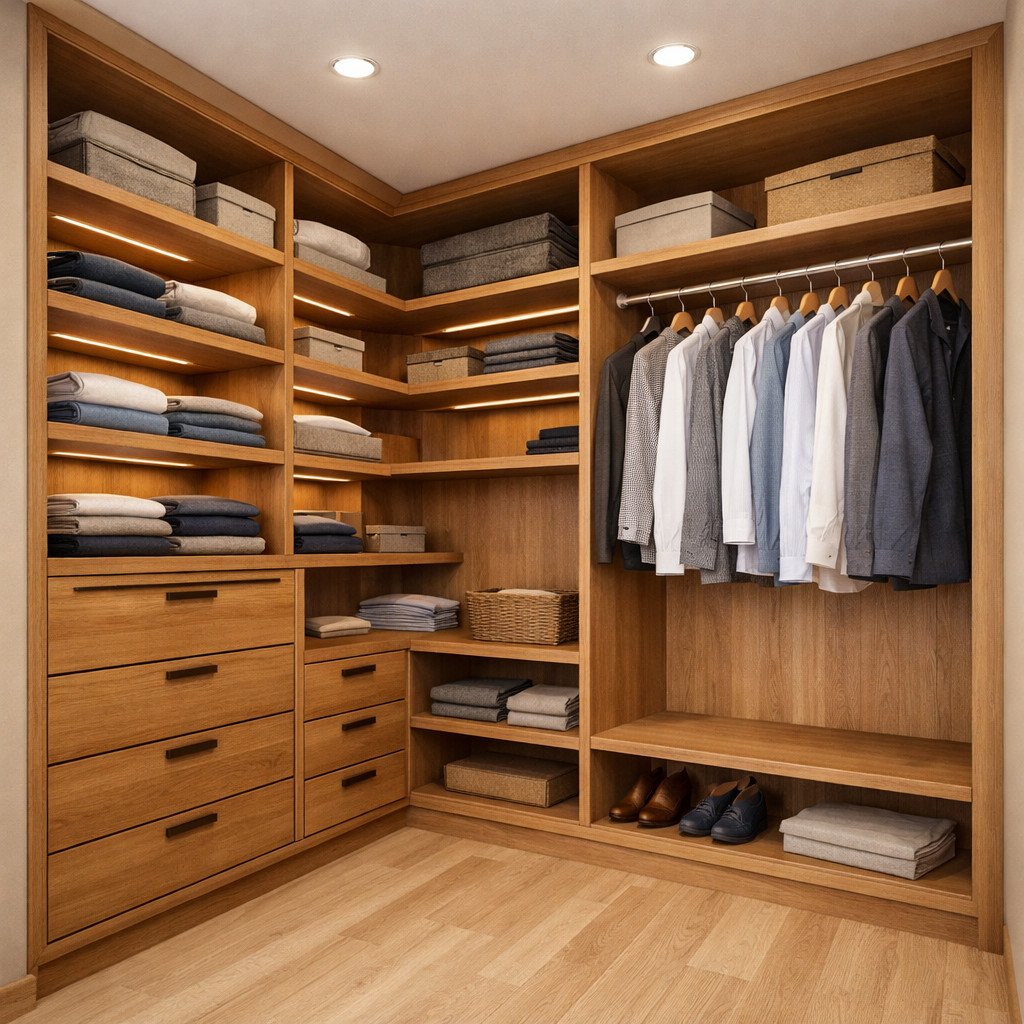 Walk-in closet compact dengan sentuhan kayu yang hangat dan fungsional