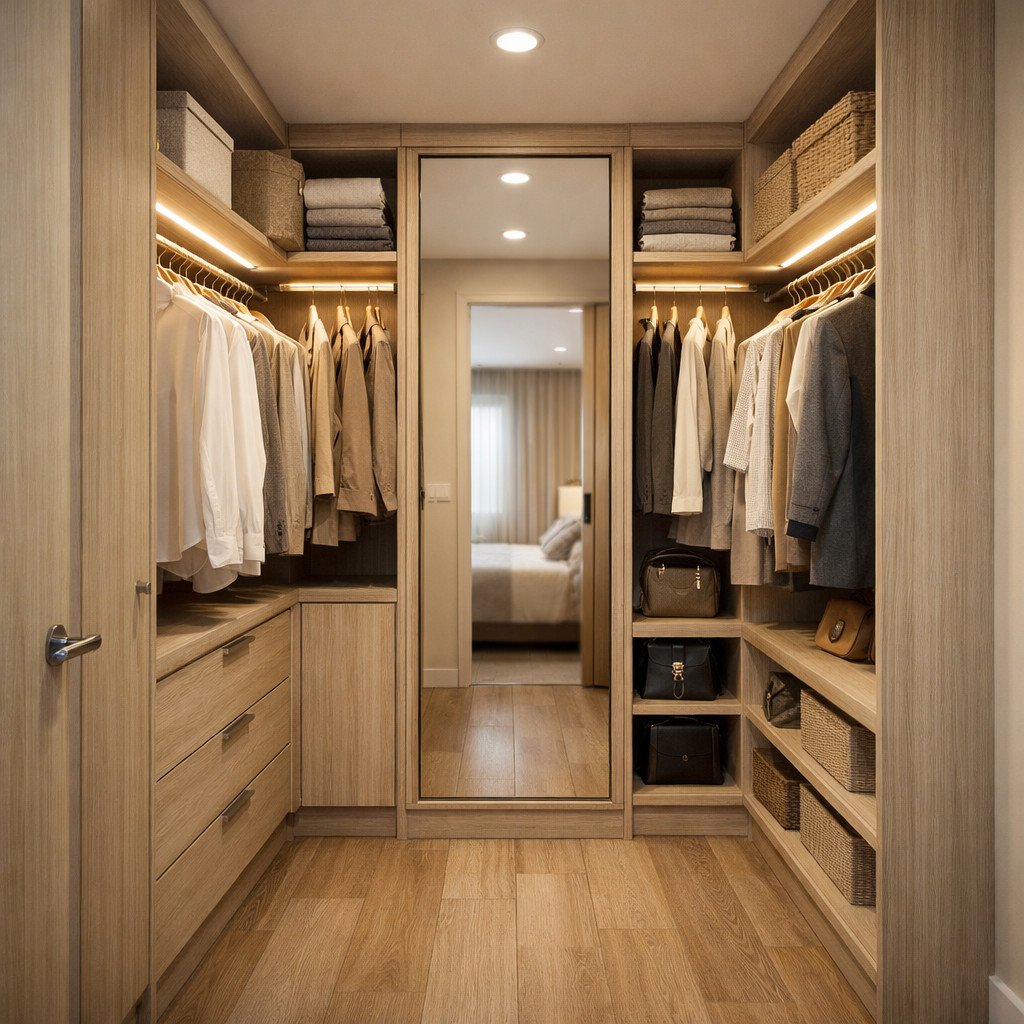 Walk-in closet compact yang rapi dan terasa eksklusif di ruang kecil