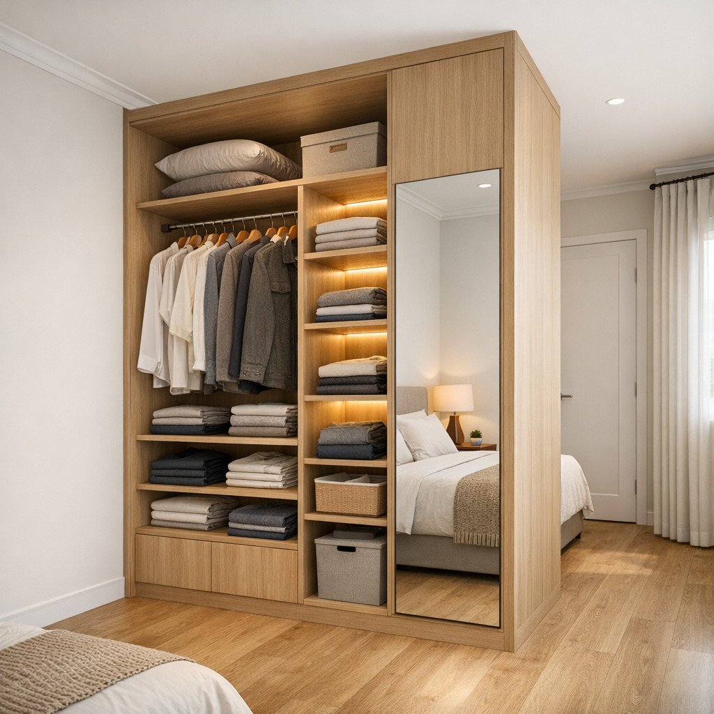Walk-in closet minimalis compact yang rapi dan tetap terasa lega