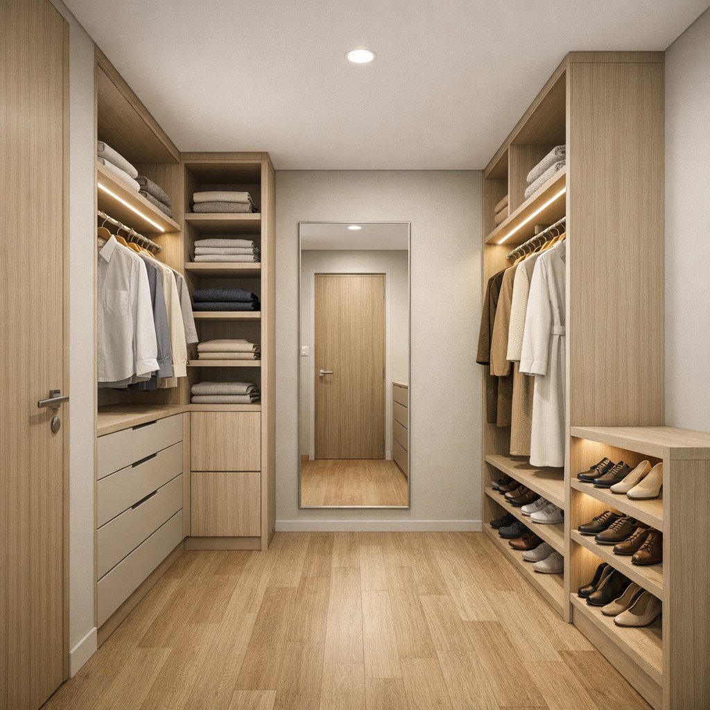 Walk-in closet minimalis modern yang rapi dan elegan