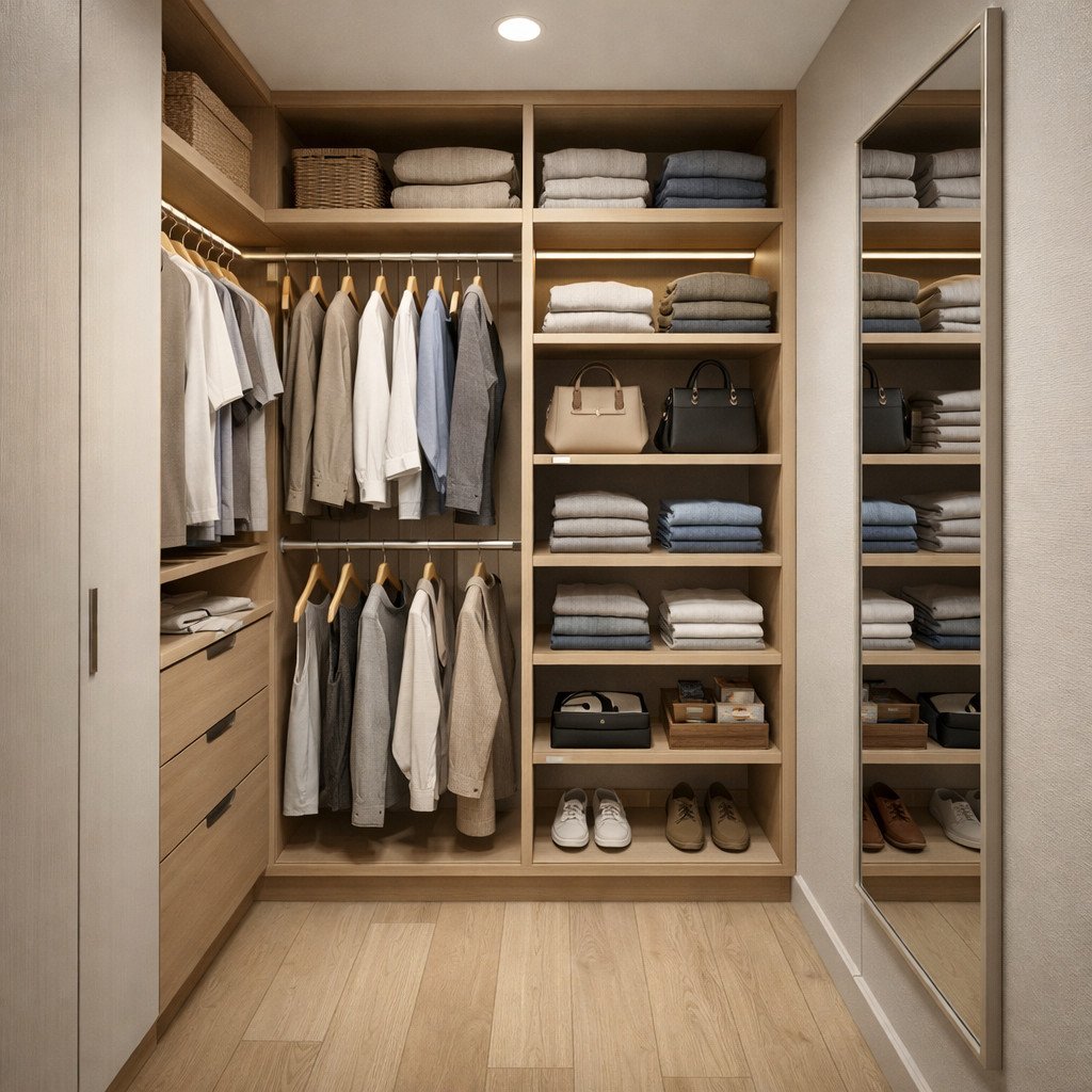 Walk-in closet sederhana yang rapi dan efisien untuk ruang kecil