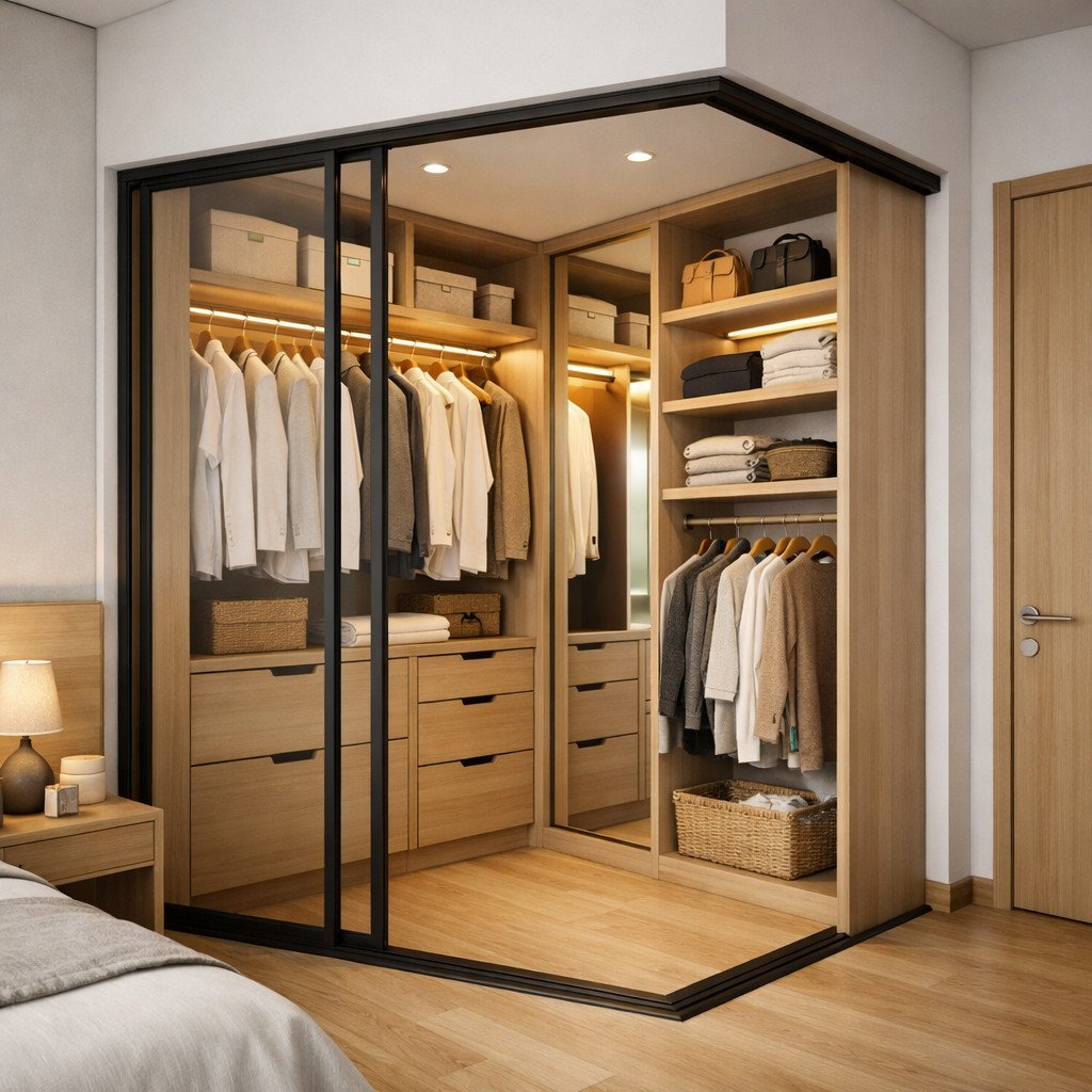 Walk-in closet sudut kecil yang rapi dan terasa eksklusif
