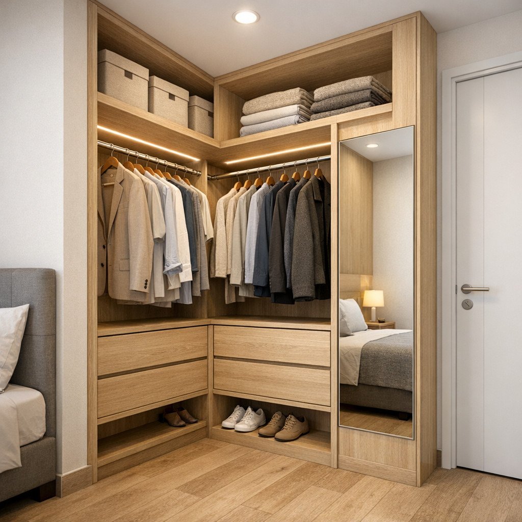 Walk-in lemari kecil yang rapi dan tetap terasa lega