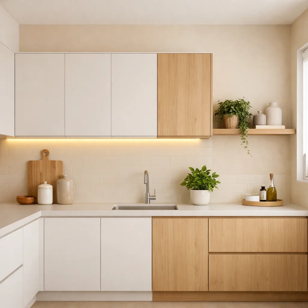 Warna beige lembut pada dapur minimalis menciptakan suasana hangat dan homey, dipadukan dengan elemen kayu dan tanaman untuk tampilan yang lebih hidup dan natural