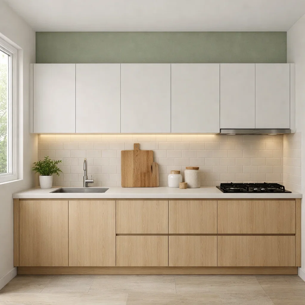 Warna hijau sage pada dapur minimalis memberikan nuansa tenang dan segar tanpa terlihat mencolok, cocok untuk menciptakan ruang memasak yang nyaman dan terasa lebih natural