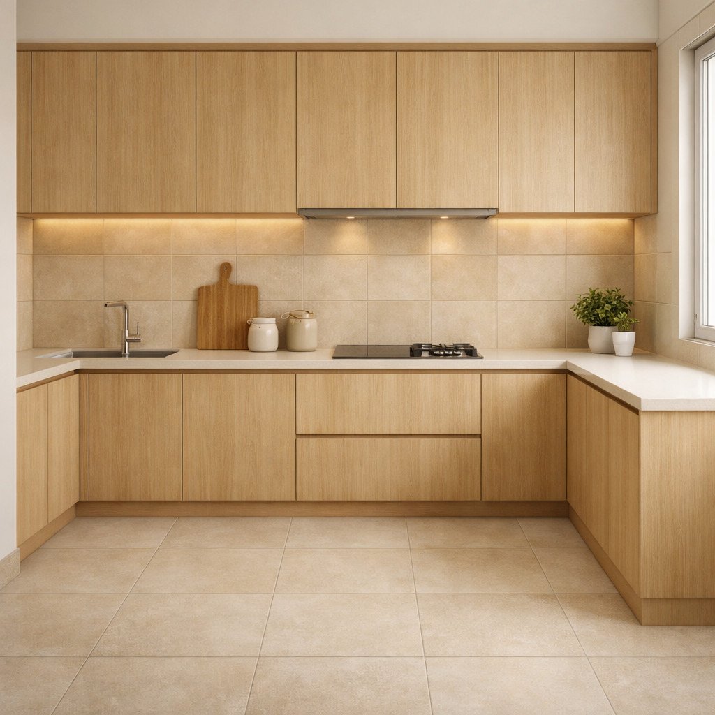 Warna keramik beige natural menghadirkan suasana dapur yang hangat, tenang, dan timeless—cocok untuk kamu yang ingin tampilan minimalis tanpa kontras berlebihan namun tetap elegan