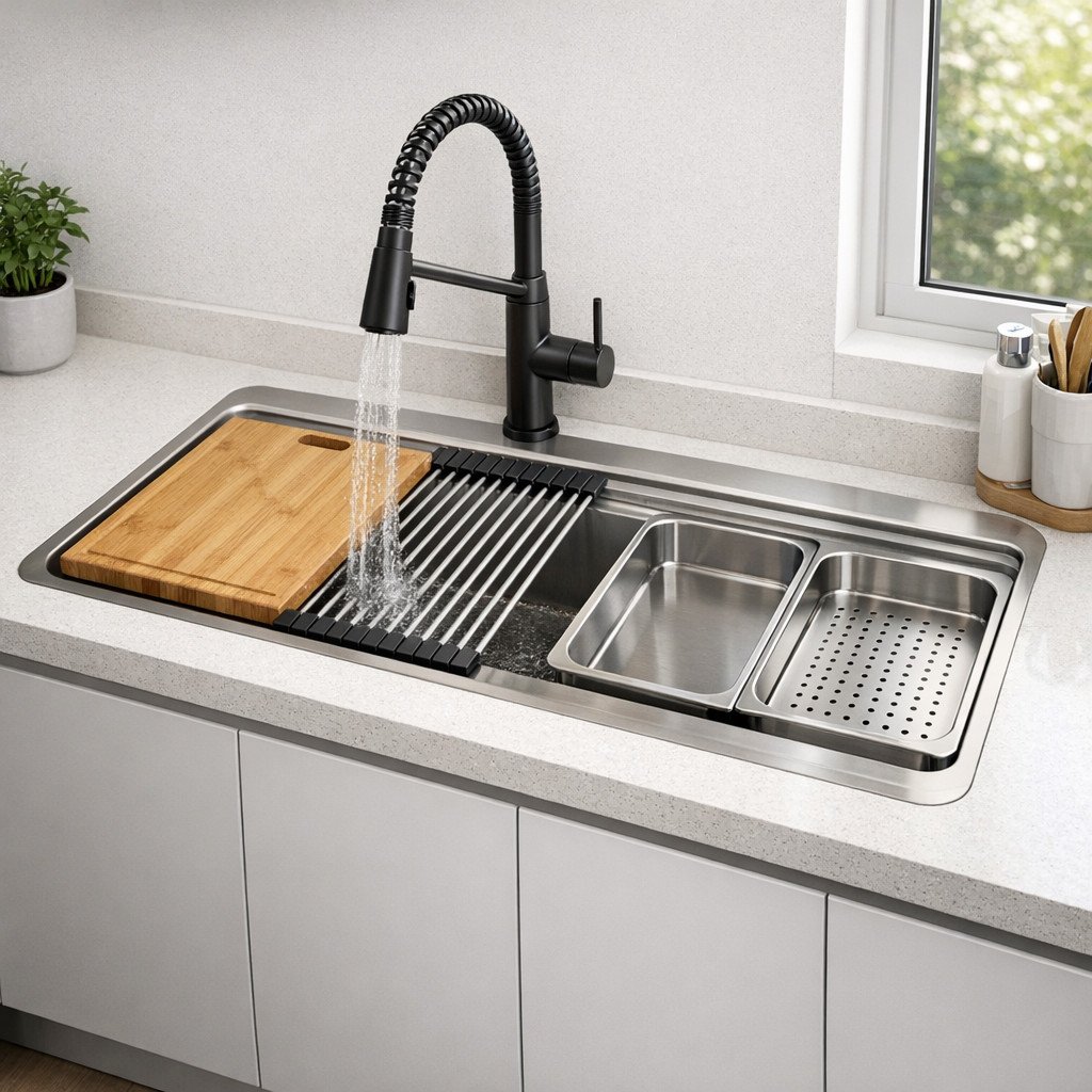 Wastafel dapur minimalis dengan aksesori multifungsi ini dirancang untuk memaksimalkan ruang sekaligus meningkatkan efisiensi—solusi pintar untuk dapur kecil agar tetap rapi, praktis, dan modern