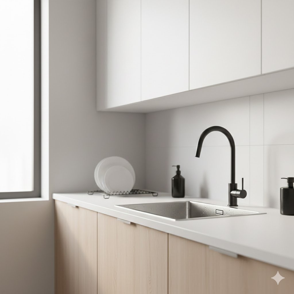 Wastafel dapur minimalis di atas countertop yang rapi dengan keran modern dan pencahayaan hangat untuk suasana dapur yang bersih dan nyaman