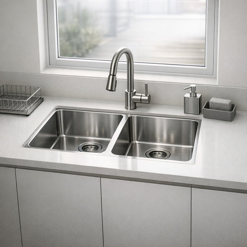 Wastafel double bowl minimalis ini memberikan solusi praktis untuk dapur aktif—memudahkan proses mencuci dan membilas secara terpisah tanpa mengorbankan tampilan clean dan modern