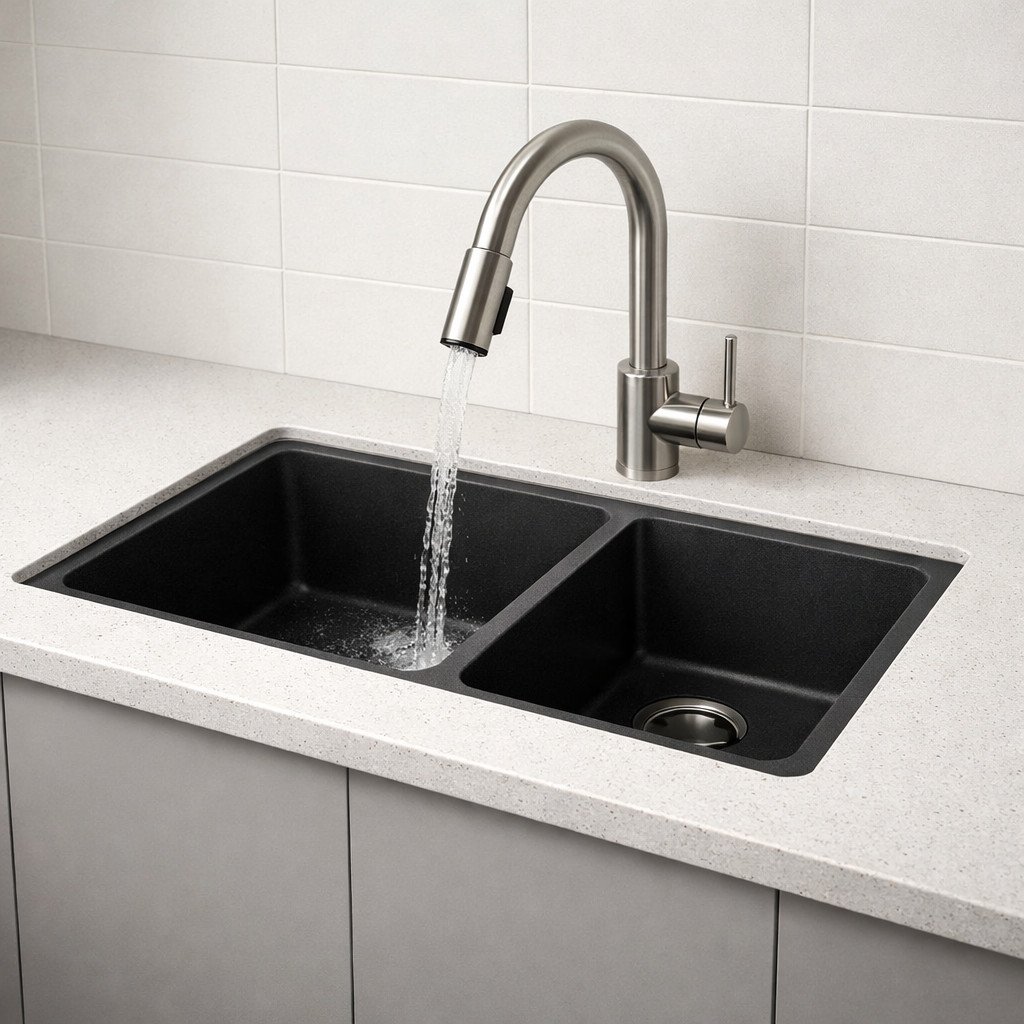 Wastafel granite composite menghadirkan tampilan dapur yang lebih premium dengan finishing matte yang elegan, tahan gores, dan lebih senyap saat digunakan—pilihan ideal untuk dapur minimalis modern yang fungsional dan berkelas