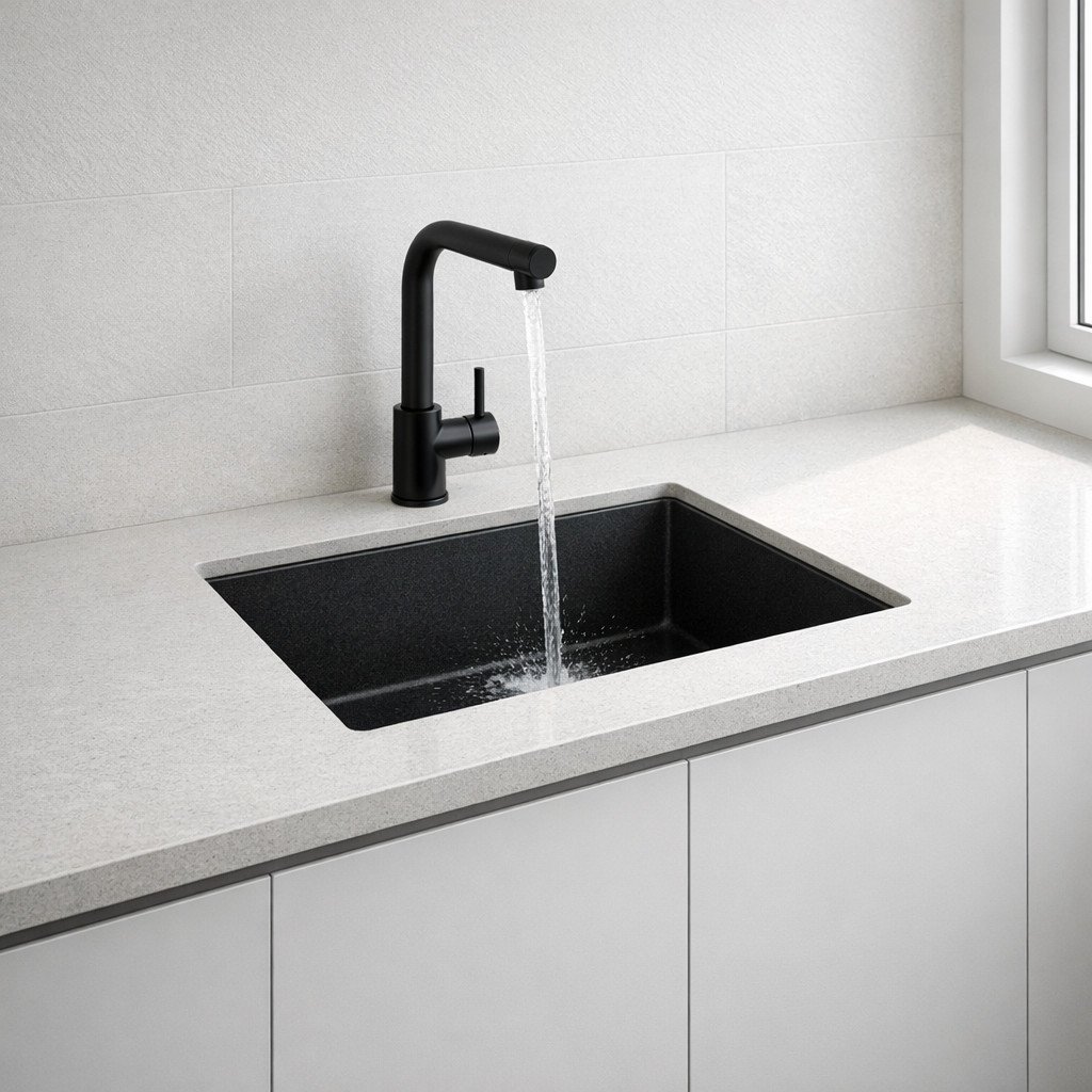 Wastafel undermount memberikan tampilan dapur yang lebih rapi dan seamless, sekaligus memudahkan pembersihan tanpa hambatan—pilihan ideal untuk kitchen set minimalis modern yang elegan dan fungsional
