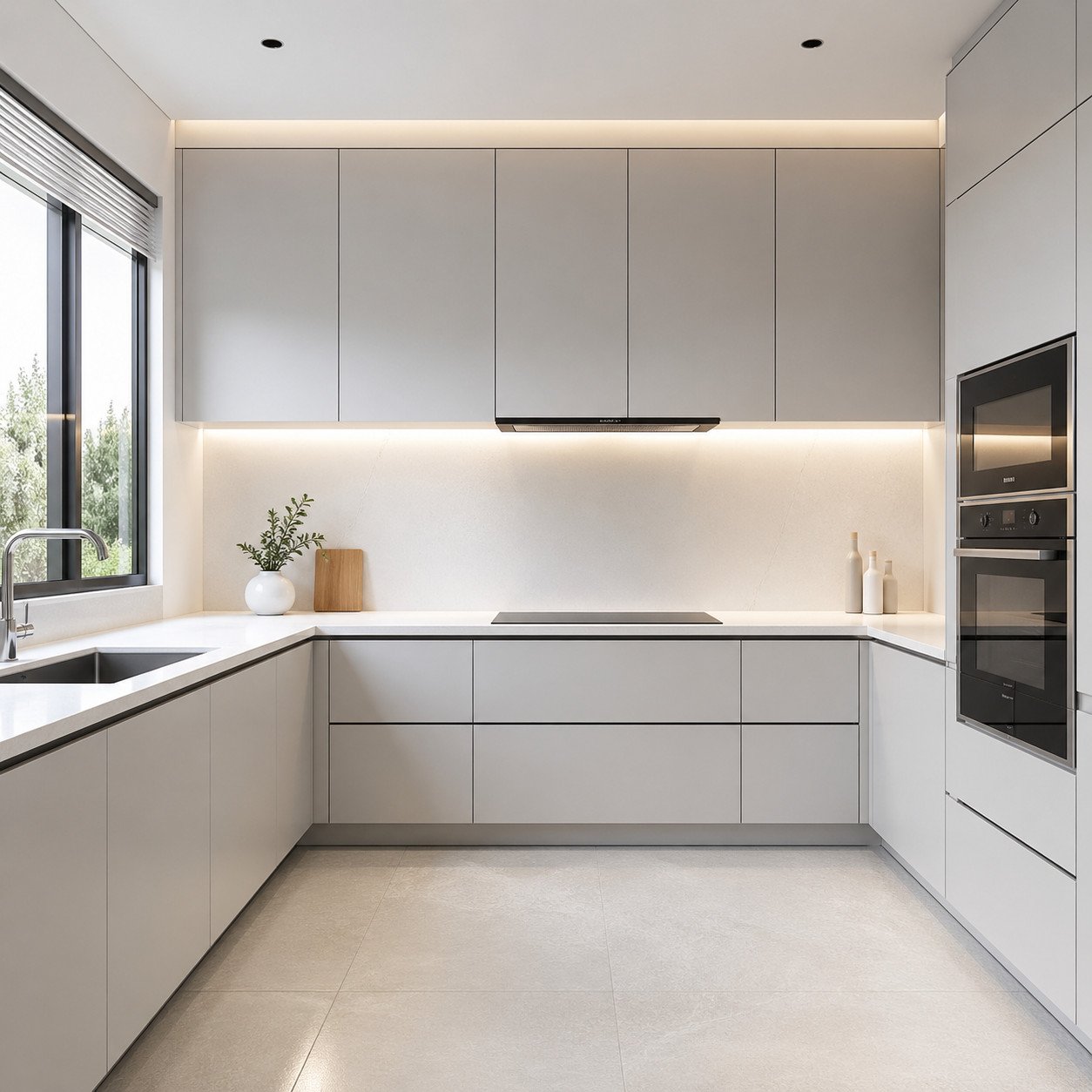dapur clean line tanpa handle terlihat rapi modern dan elegan meski sederhana